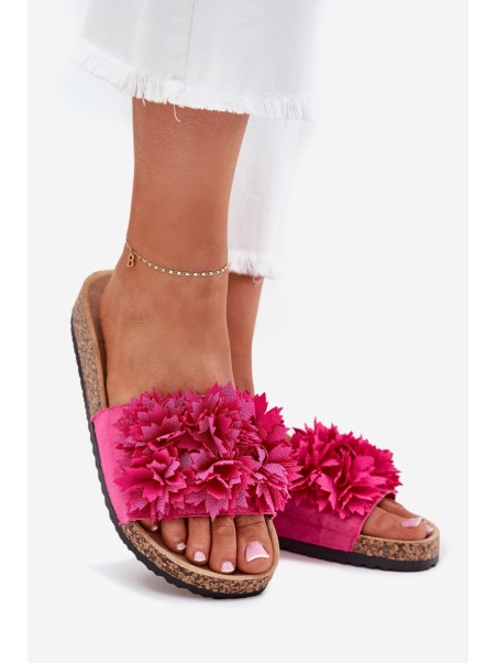Ladies Slippers On Cork Sole With Flowers Fuchsia Ferenza
