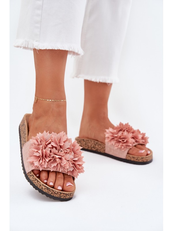 Women's Cork Sole Slippers With Flowers Pink Ferenza