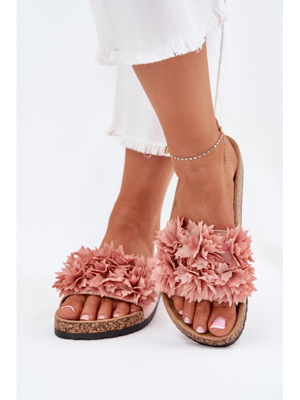 Women's Cork Sole Slippers With Flowers Pink Ferenza 2