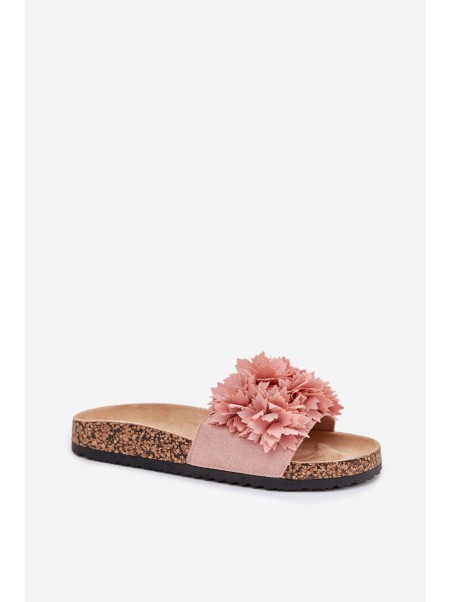 Women's Cork Sole Slippers With Flowers Pink Ferenza