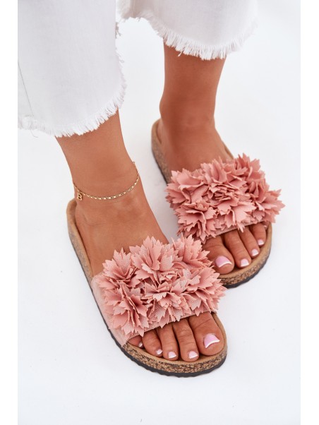 Women's Cork Sole Slippers With Flowers Pink Ferenza