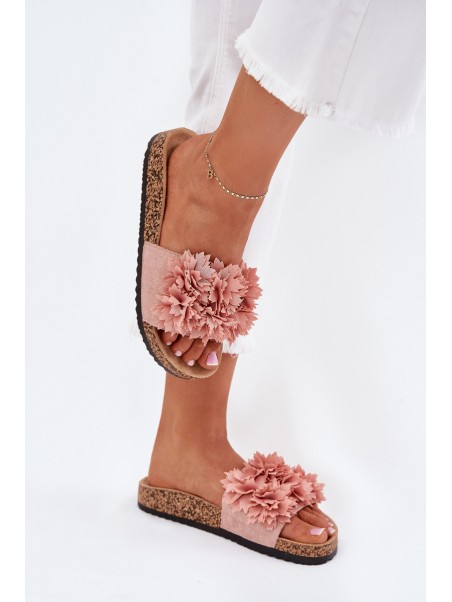 Women's Cork Sole Slippers With Flowers Pink Ferenza