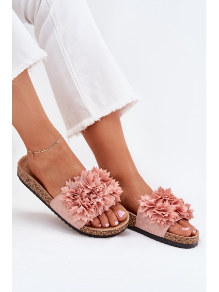 Women's Cork Sole Slippers With Flowers Pink Ferenza