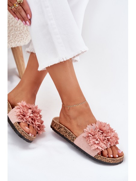 Women's Cork Sole Slippers With Flowers Pink Ferenza