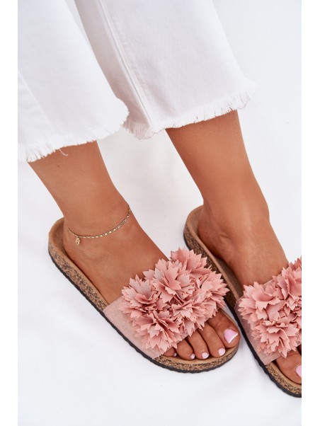 Women's Cork Sole Slippers With Flowers Pink Ferenza