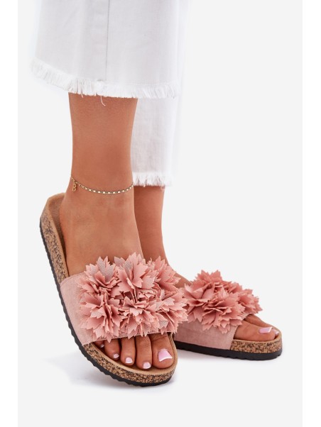 Women's Cork Sole Slippers With Flowers Pink Ferenza