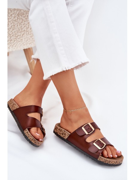 Women's Slippers With Buckles Made Of Eco Leather Brown Iskira