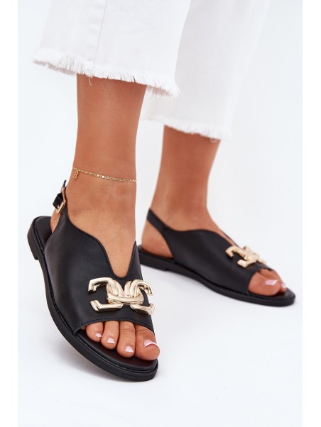 Women's Flat Sandals With Golden Decoration Black Amelira