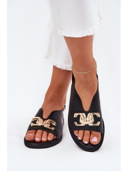 Women's Flat Sandals With Golden Decoration Black Amelira