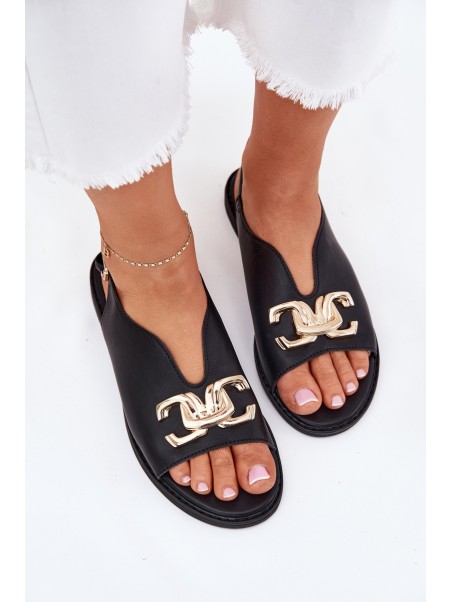 Women's Flat Sandals With Golden Decoration Black Amelira