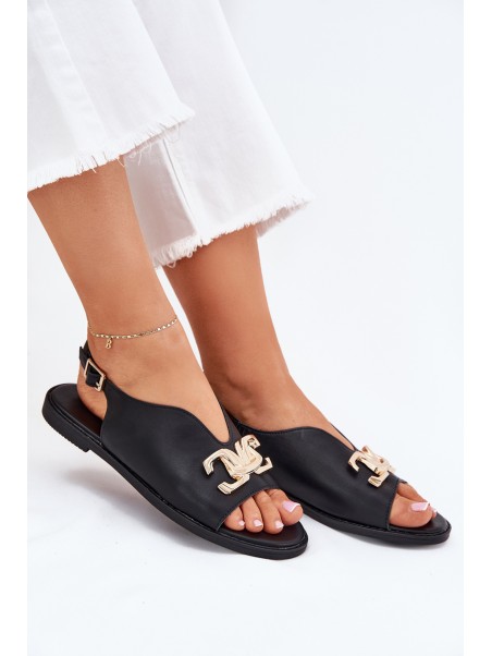 Women's Flat Sandals With Golden Decoration Black Amelira