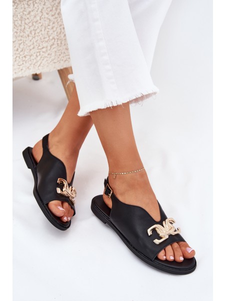 Women's Flat Sandals With Golden Decoration Black Amelira