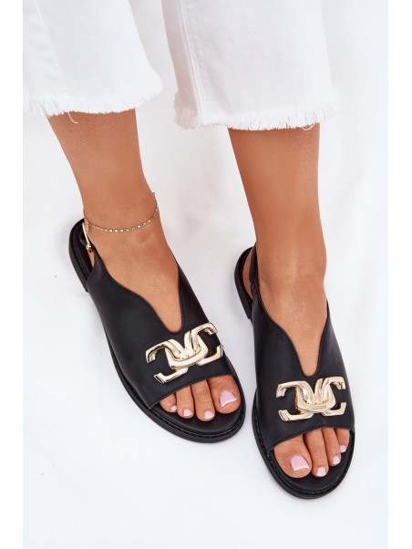 Women's Flat Sandals With Golden Decoration Black Amelira
