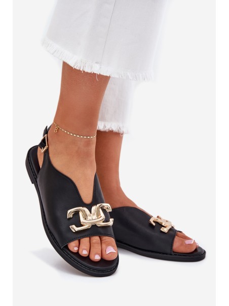 Women's Flat Sandals With Golden Decoration Black Amelira