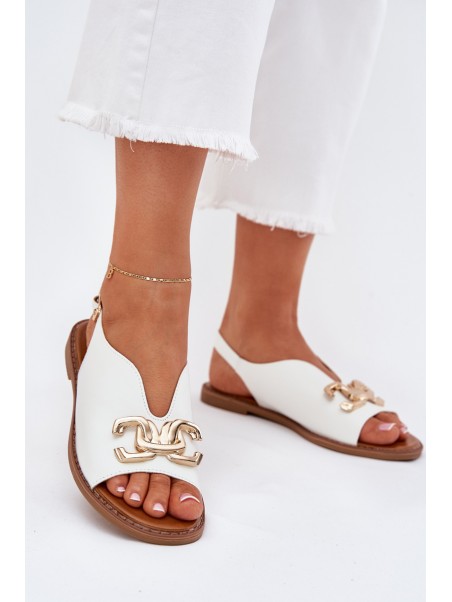 Women's Sandals With Flat Heel And Golden Decoration White Amelira