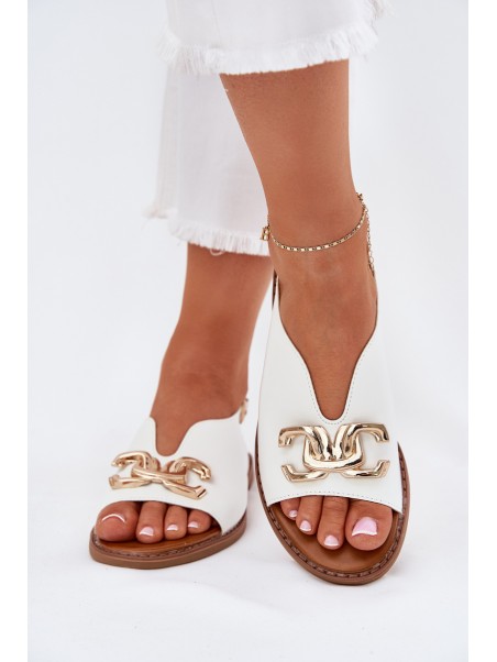 Women's Sandals With Flat Heel And Golden Decoration White Amelira