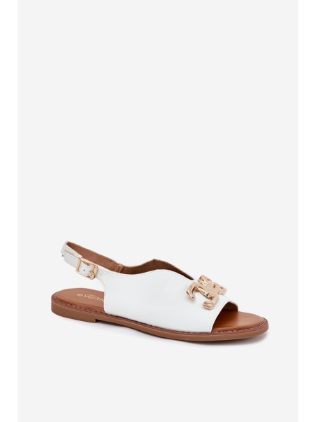 Women's Sandals With Flat Heel And Golden Decoration White Amelira