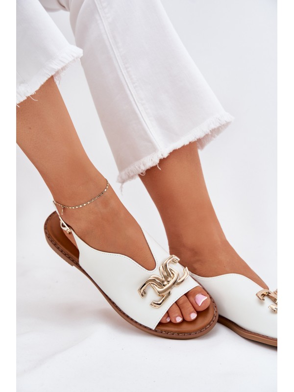 Women's Sandals With Flat Heel And Golden Decoration White Amelira