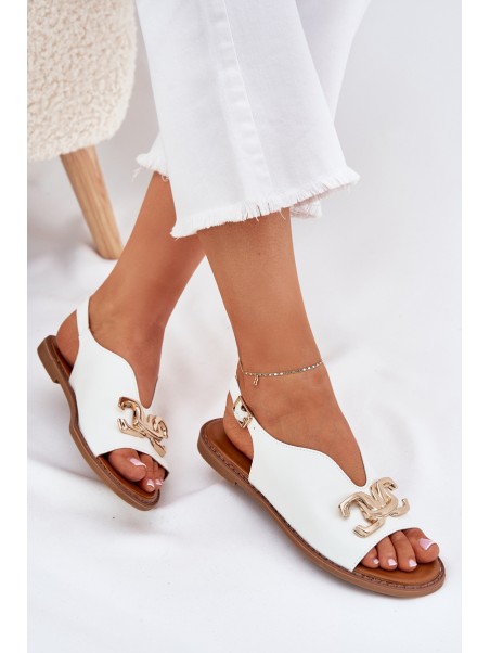 Women's Sandals With Flat Heel And Golden Decoration White Amelira