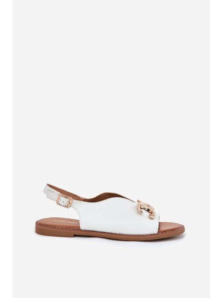 Women's Sandals With Flat Heel And Golden Decoration White Amelira