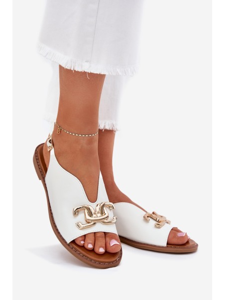 Women's Sandals With Flat Heel And Golden Decoration White Amelira