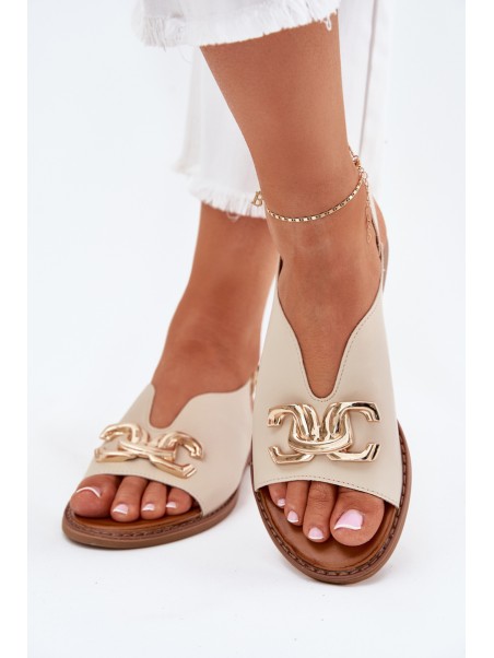 Women Sandals Flat Heel With Golden Decoration Beige Amelira