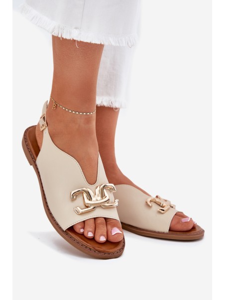 Women Sandals Flat Heel With Golden Decoration Beige Amelira