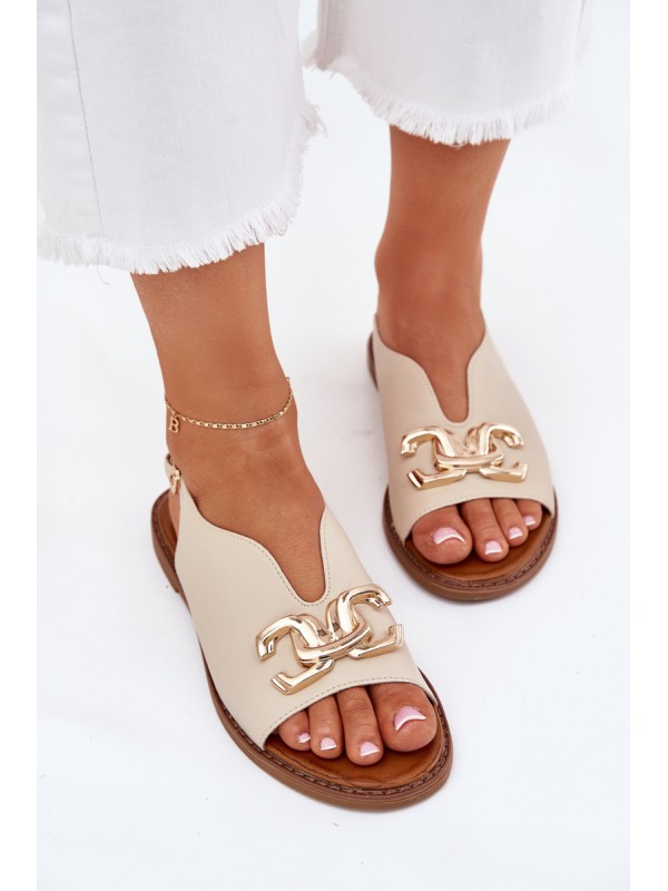 Women Sandals Flat Heel With Golden Decoration Beige Amelira