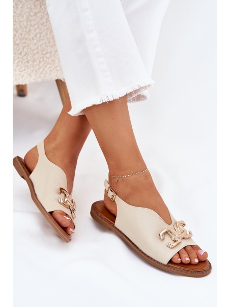 Women Sandals Flat Heel With Golden Decoration Beige Amelira