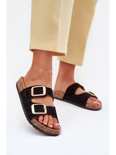 Women Slippers From Eco Suede Golden Buckles Black Vorella