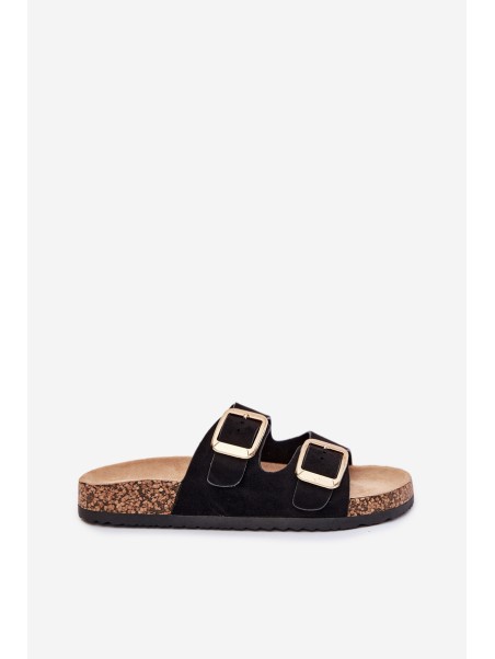 Women Slippers From Eco Suede Golden Buckles Black Vorella