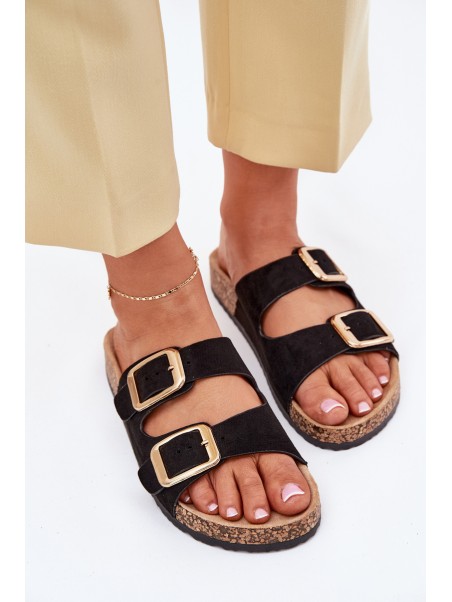 Women Slippers From Eco Suede Golden Buckles Black Vorella