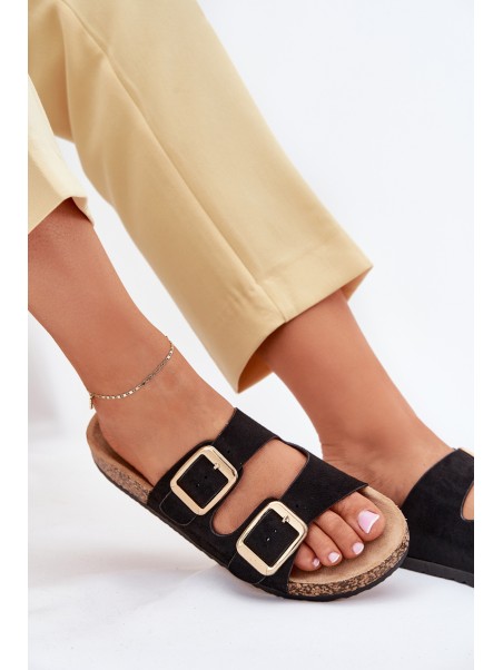 Women Slippers From Eco Suede Golden Buckles Black Vorella