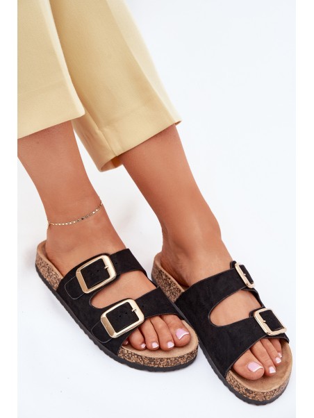 Women Slippers From Eco Suede Golden Buckles Black Vorella