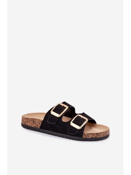 Women Slippers From Eco Suede Golden Buckles Black Vorella