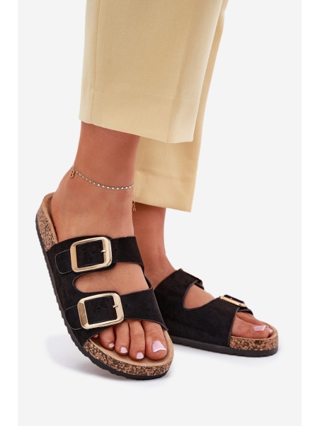 Women Slippers From Eco Suede Golden Buckles Black Vorella