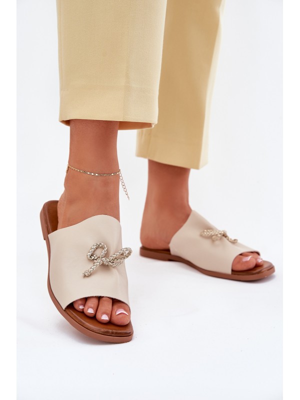 Women's sandals on a flat heel with decorative tying beige Norela