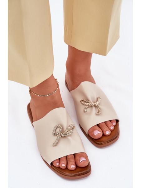 Women's sandals on a flat heel with decorative tying beige Norela