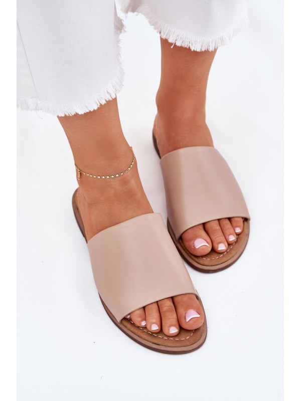Ladies Leather Smooth Slippers Beige Cerise