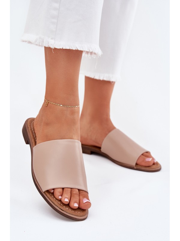 Ladies Leather Smooth Slippers Beige Cerise
