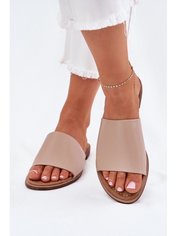 Ladies Leather Smooth Slippers Beige Cerise