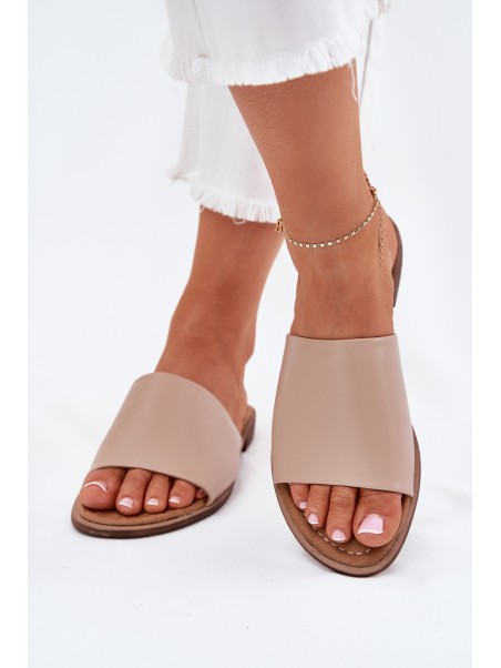 Ladies Leather Smooth Slippers Beige Cerise
