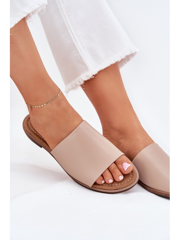 Ladies Leather Smooth Slippers Beige Cerise