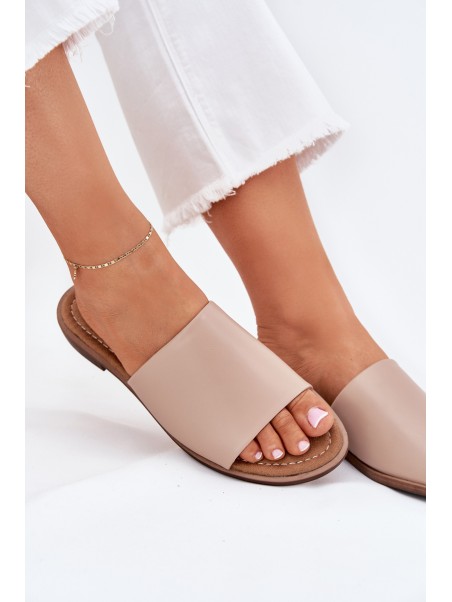 Ladies Leather Smooth Slippers Beige Cerise
