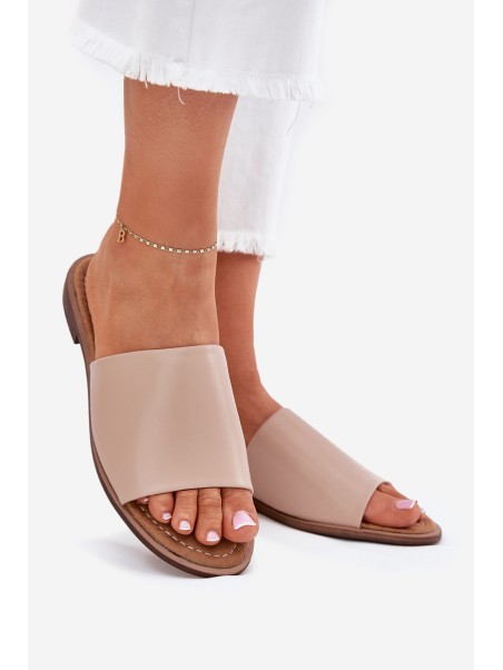 Ladies Leather Smooth Slippers Beige Cerise
