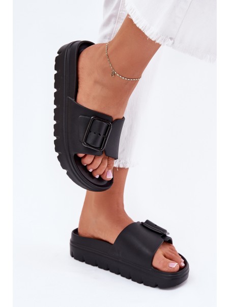 Womens Foam Slippers On Platform With Buckle Black Viasara