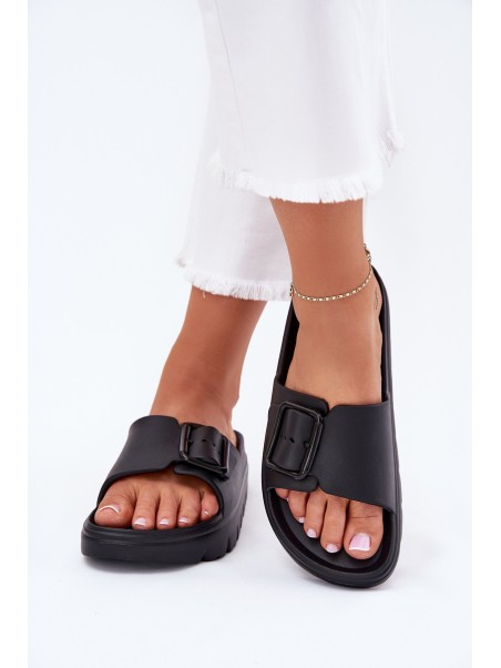 Womens Foam Slippers On Platform With Buckle Black Viasara