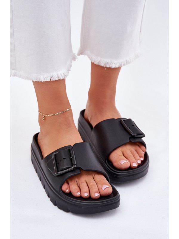 Womens Foam Slippers On Platform With Buckle Black Viasara