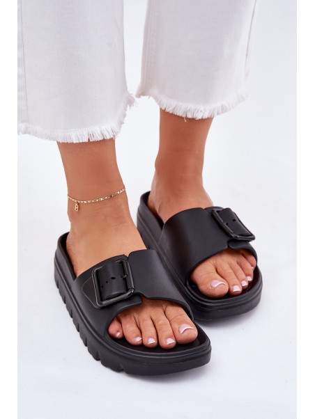 Womens Foam Slippers On Platform With Buckle Black Viasara
