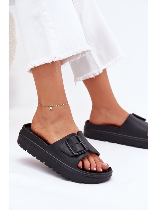 Womens Foam Slippers On Platform With Buckle Black Viasara